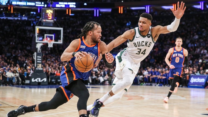 New York Knicks PG Jalen Brunson driving to the basket on Milwaukee Bucks All-Star Giannis Antetokounmpo at Madison Square Garden. (Photo credit: Wendell Cruz-Imagn Images)