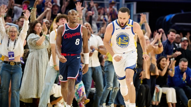 Golden State Warriors' Stephen Curry is pumped after making a 3-pointer vs. the Los Angeles Clippers at Chase Center. (Photo credit: Robert Edwards-Imagn Images)