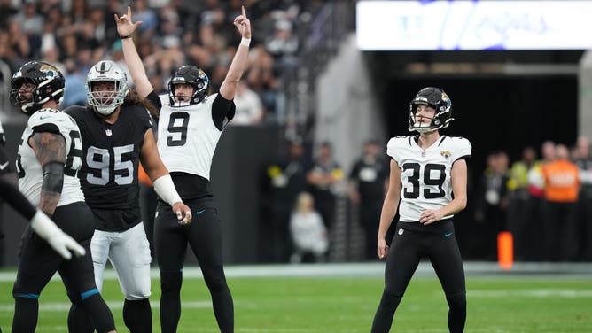 Cam Little #39 of the Jacksonville Jaguars watches his field goal attempt during the second quarter in the game against the Las Vegas Raiders at Allegiant Stadium on November 02, 2025 in Las Vegas, Nevada.