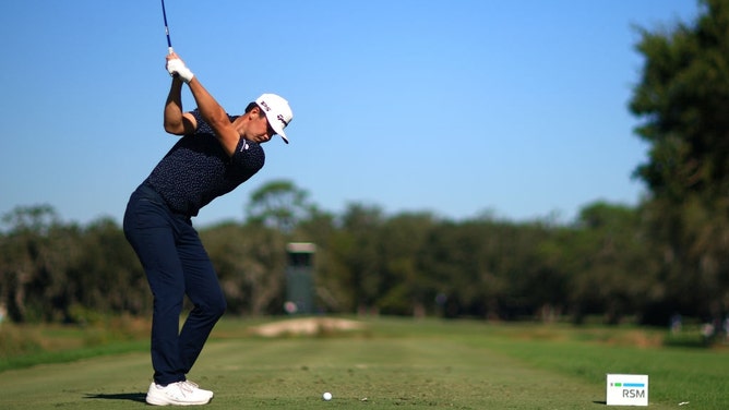 Michael Thorbjornsen hits his shot tee shot on the third hold during the final round of The RSM Classic 2024 at Sea Island Resort in St. Simons Island, Georgia. (Photo by Mike Ehrmann/Getty Images)