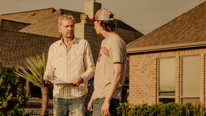 Billy Bob Thornton as Tommy Norris and Jacob Lofland as Cooper Norris in Landman episode 2, season 2, streaming on Paramount+. Photo Credit: Emerson Miller/Paramount+