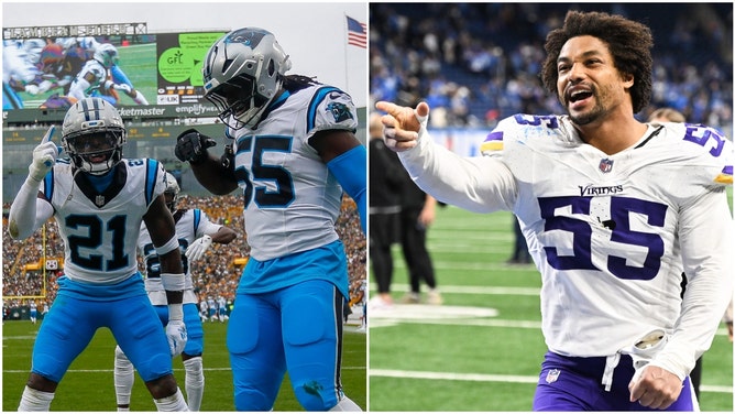 side-by-side of Carolina Panthers players celebrating and a Minnesota Vikings player celebrating in Week 9 of the 2025 NFL season