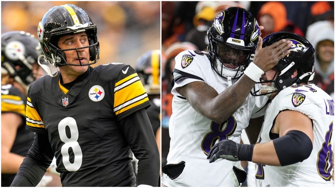 Side-by-side of Pittsburgh Steelers quarterback Aaron Rodgers and Baltimore Ravens QB Lamar Jackson celebrating with a teammate.