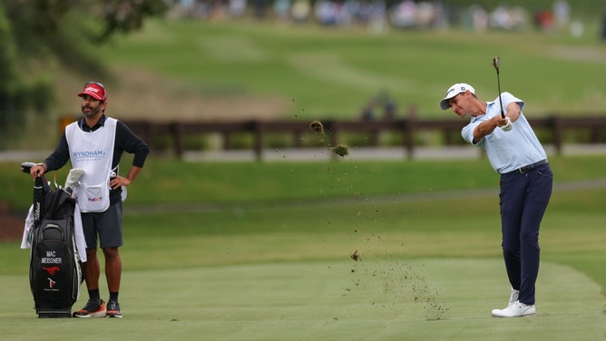 Mac Meissner hits from the eighth fairway during the third round of the 2024 Wyndham Championship. (Photo Credit: Allison Lawhon-Imagn Images)