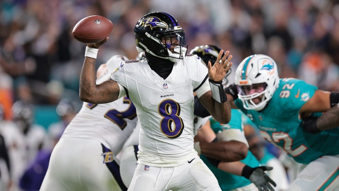 Baltimore Ravens QB Lamar Jackson throws downfield against the Miami Dolphins at Hard Rock Stadium on Thursday Night Football in NFL Week 9. (Photo credit: Sam Navarro-Imagn Images)