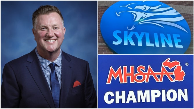 A collage of photos including Michigan Rep. Jason Woolford (R-Howell), an Ann Arbor Skyline High School logo and an MHSAA logo.