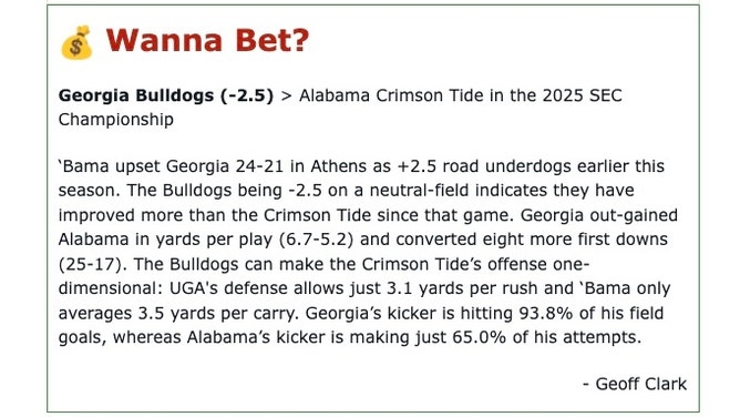 My analysis of the 2025 SEC championship between the Georgia Bulldogs and Alabama Crimson Tide in OutKick's newsletter.