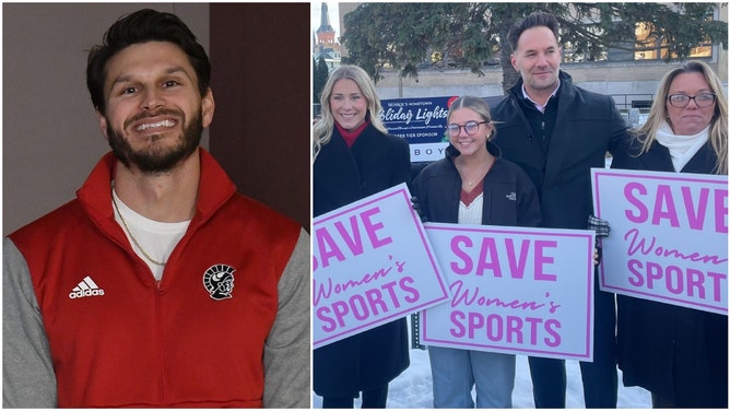 Side-by-side of Monroe AD Chet Hesson and several girls holding signs that say "Save Women's Sports."
