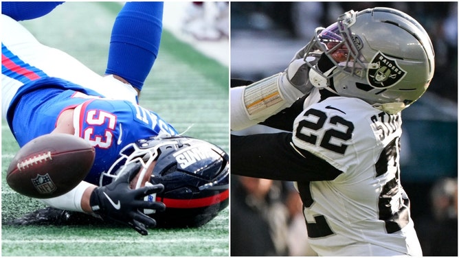 side-by-side of a New York Giants player and a Las Vegas Raiders player.
