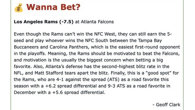 My analysis of the Los Angeles Rams at Atlanta Falcons game on Monday Night Football in NFL Week 17 for the OutKick Newsletter.