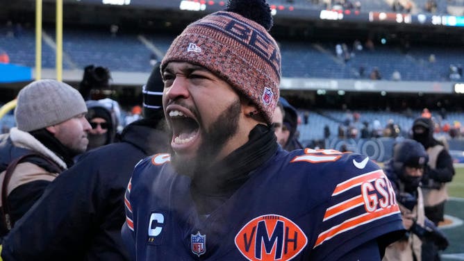 Chicago Bears quarterback Caleb Williams celebrates after defeating the Cleveland Browns at Soldier Field.
