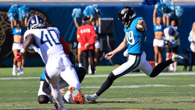 Cam Little of the Jacksonville Jaguars kicks a 67-yard field goal during the first half against the Tennessee Titans at EverBank Stadium.