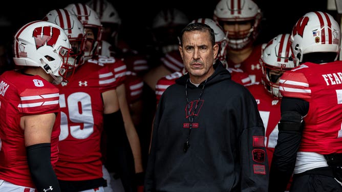 MADISON, WI - NOVEMBER 08: Wisconsin Badgers Head Coach Luke Fickell leads the team out of the locker room for warm ups durning a college football game between the Washington Huskies and the Wisconsin Badgers on November 8, 2025 at Camp Randall Stadium in Madison, WI. (Photo by Dan Sanger/Icon Sportswire via Getty Images)
