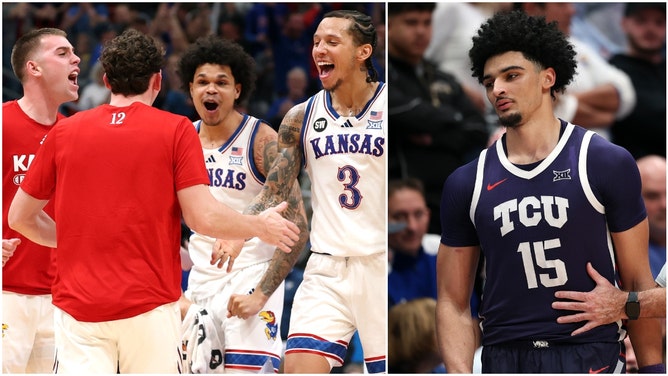 Kansas players celebrate after beating TCU.