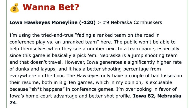 My analysis of the Big Ten showdown between the Nebraska Cornhuskers and Iowa Hawkeyes in college basketball Tuesday for the OutKick newsletter.