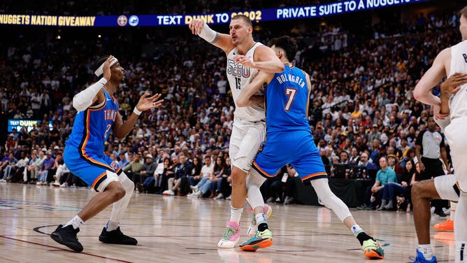 Denver Nuggets C Nikola Jokic passes out of the post vs. the Oklahoma City Thunder during Game 6 2025 Western Conference Semifinals Playoffs. (Photo Credit: Isaiah J. Downing-Imagn Images)