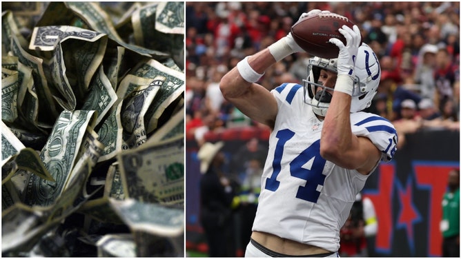 Side-by-side of a pile of money and a photo of Colts WR Alec Pierce.