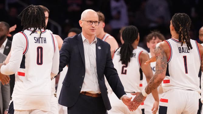 UConn Huskies head coach Dan Hurley against the Georgetown Hoyas during the second half at Madison Square Garden.