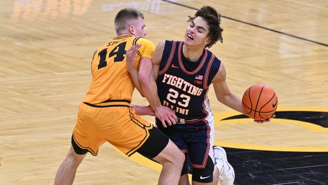 The Iowa Hawkeyes and Illinois Fighting Illini meet in the Elite Eight of the 2026 NCAA Tournament Saturday at the Toyota Center in Houston, Texas. (Photo credit: Jeffrey Becker-Imagn Images)