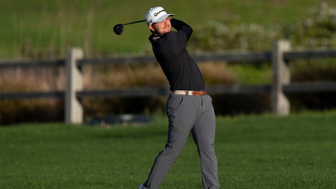 Pierceson Coody hits his approach shot on the during the final round of the 2026 AT&T Pebble Beach Pro-Am (Photo Credit: Kyle Terada-Imagn Images)