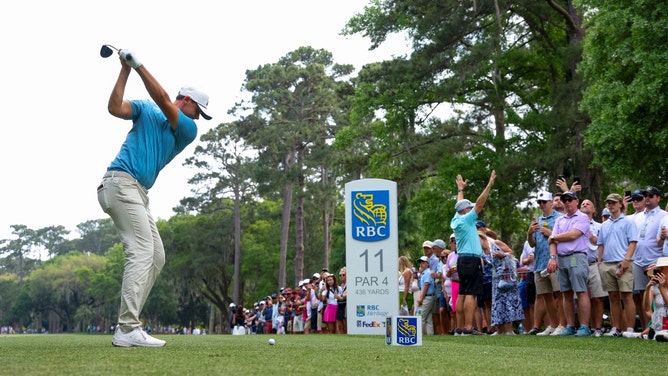 Ludvig Åberg hits a tee shot on the 11th hole during the third round of the 2025 RBC Heritage at Harbour Town Golf Links in Hilton Head Island, South Carolina. (Photo credit: Andrew Redington/Getty Images)