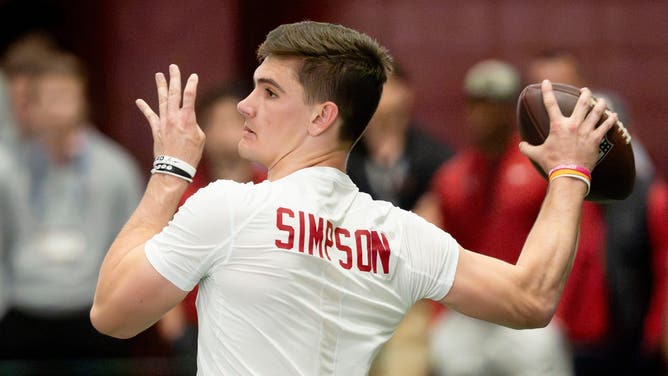 Quarterback Ty Simpson throws during Pro Day in the Hank Crisp Indoor Practice Facility at the University of Alabama.