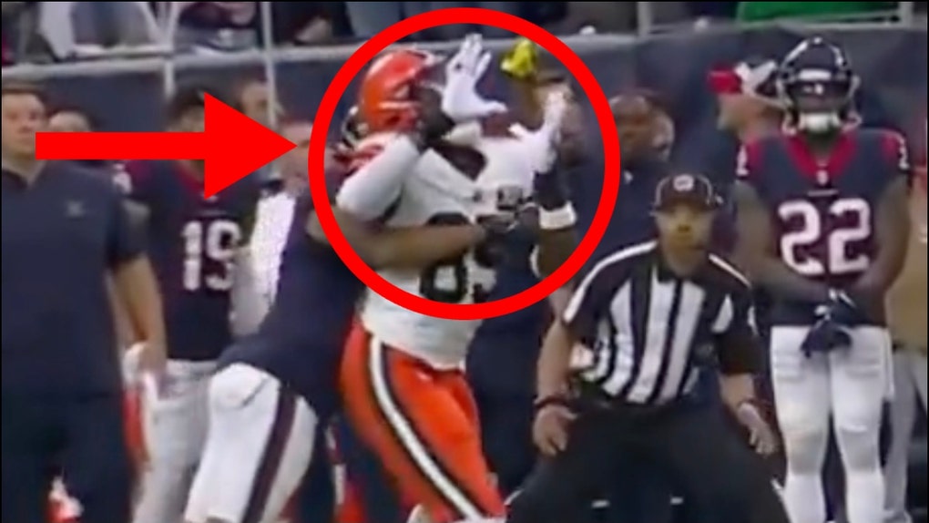 Refs miss obvious pass interference call during Browns/Texans game. (Credit: Screenshot/X Video https://twitter.com/jasrifootball/status/1746299199317065896)