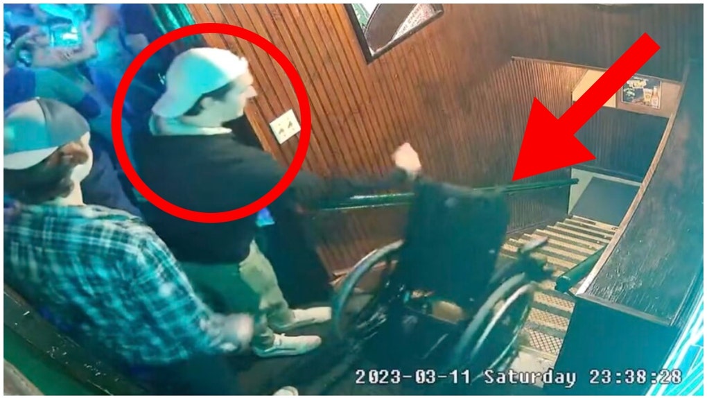 Mercyhurst hockey star Carson Briere suspended after throwing a woman's wheelchair down the stairs. (Credit: Screenshot/Twitter Video https://twitter.com/juliazukowski/status/1635537697040130048)