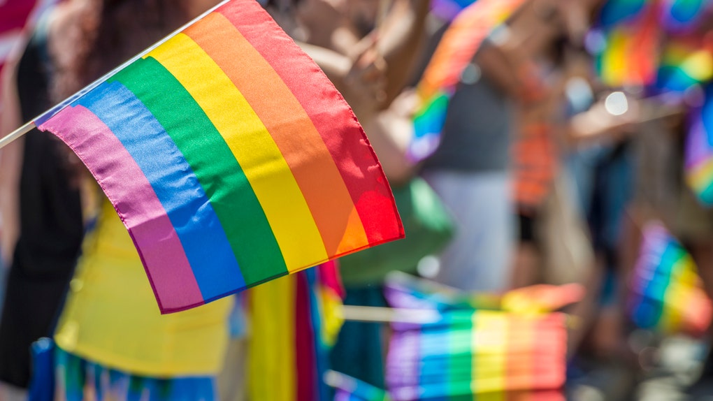 7fd26f1c-Close-Up Of Rainbow Flag With Crowd In Background During Parade