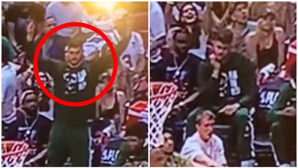 Meyers Leonard denies cheering for the Heat. (Credit: Screenshot/Twitter Video https://twitter.com/currypistonn/status/1650895800103321609)