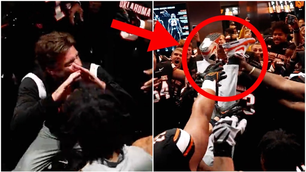 Mike Gundy was feeling himself Friday night after Oklahoma State beat Kansas State. He danced and did a handstand. (Credit: Twitter video screenshot/https://twitter.com/cowboyfb/status/1710501805275091199)