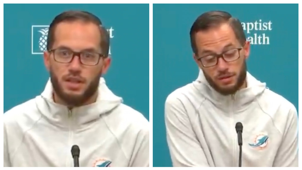 Miami Dolphins coach Mike McDaniel jokes about Mike Glennon's height. (Credit: Screenshot/Twitter video https://twitter.com/DovKleiman_Vid/status/1610682228534550528)