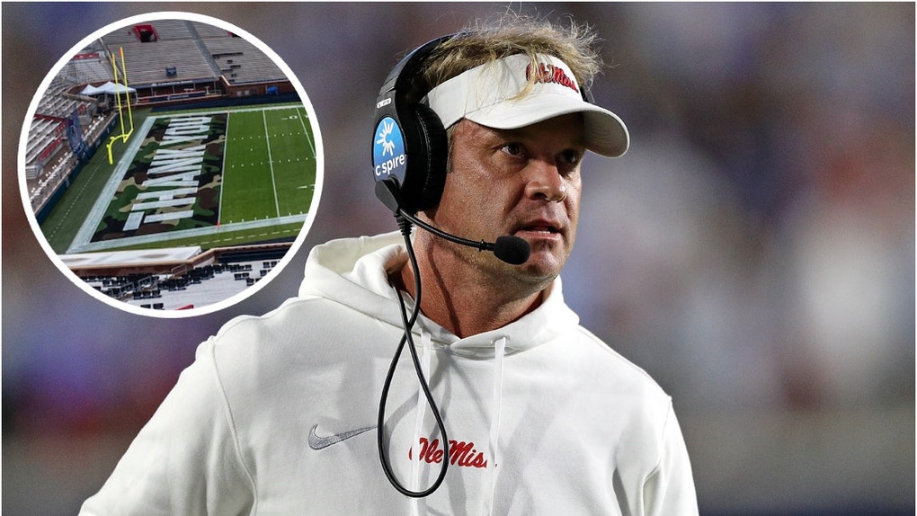 Ole Miss paints end zones camo to honor the military. (Credit: Getty Images and Ole Miss Athletics)