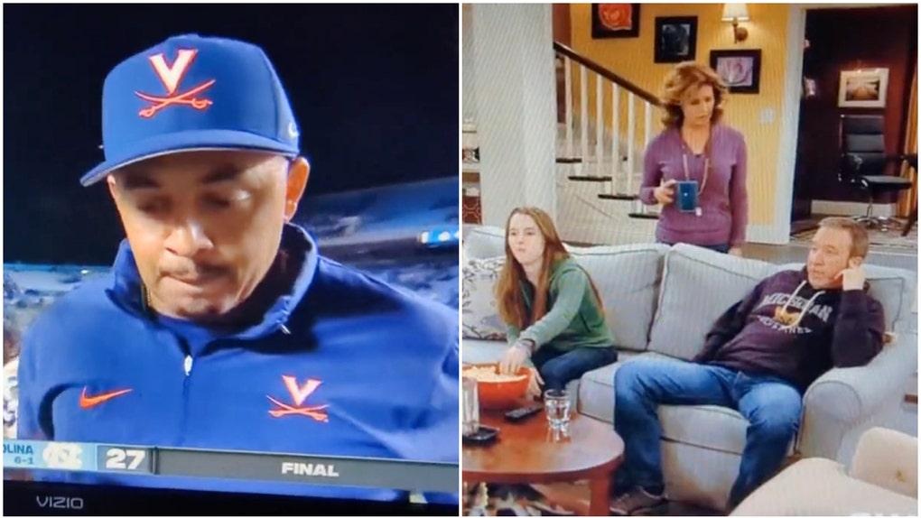 Virginia fans watching the team upset UNC were unfortunately hit with a quick pivot to Tim Allen's "Last Man Standing." (Credit: Screenshot/Twitter Video https://twitter.com/SportsChannel8/status/1715912718681518173)
