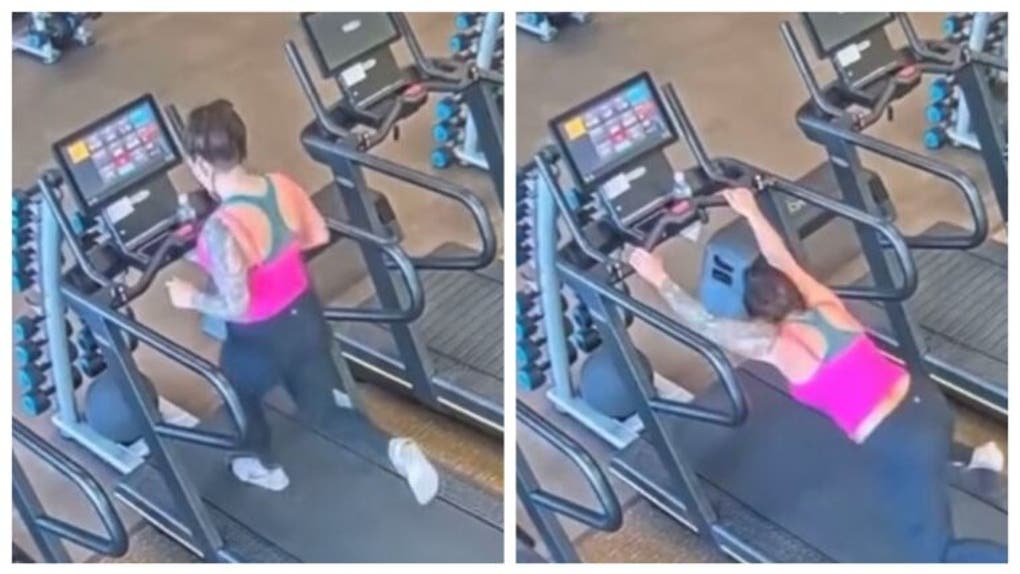 Woman Alyssa Konkel falls off treadmill and has her leggings pulled down at the gym