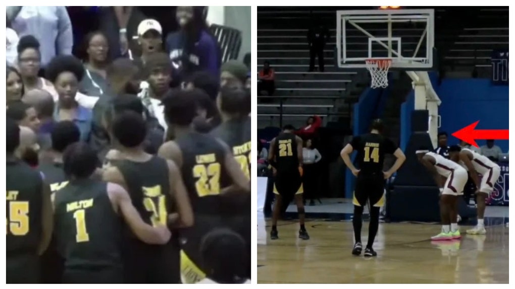 Arkansas Pine-Bluff players and Jackson State fans fight.