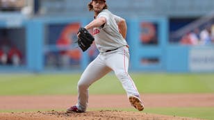 Phillies starter Aaron Nola pitches during the 1st inning vs. the Los Angeles Dodgers at Dodger Stadium.