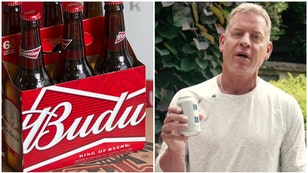 Troy Aikman took a subtle shot at Budweiser and Bud Light with a new promo for EIGHT beer. He called out brands that aren't American. (Credit: Getty Images and Eight Beer)