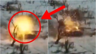 A crazy video shows a Bradley Fighting Vehicle hammering a T-90 Russian tank in Ukraine. Watch a video of the war incident. (Credit: Screenshot/X Video https://twitter.com/MAC_Arms/status/1747774447442939942)