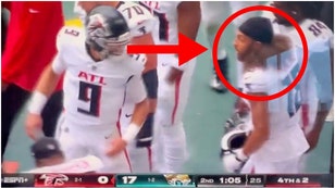 Tempers flared between Desmond Ridder and a teammate Sunday. The Falcons QB was yelled at by Mack Hollins during a loss to the Jaguars. (Credit: Screenshot/X Video https://twitter.com/austingayle_/status/1708495337395204546)