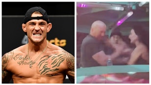 UFC star Dustin Poirier reacts to UFC president Dana White hitting his wife. (Credit: Getty Images and TMZ Video Screenshot)