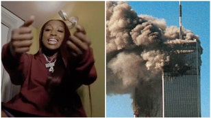 LSU basketball player Flauu2019jae Johnson mocked 9/11 and the Twin Towers being attacked in a now-deleted rap video. (Credit: Getty Images and Twitter video)