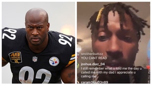 James Harrison responds to Antonio Brown's CTE claim. (Credit: Getty Images and Twitter Video Screenshot/https://twitter.com/uSTADIUM/status/1621706891410784257)