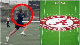 Alabama QB commit Julian Sayin goes viral with absurd pass. (Credit: Screenshot/Twitter Video https://twitter.com/GregBiggins/status/1660460334573027329 and Getty Images)