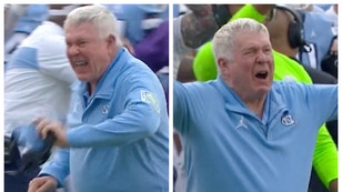 UNC coach Mack Brown lost his temper during loss to Notre Dame. (Credit: Screenshot/Twitter Video https://twitter.com/ESPNCFB/status/1573795405606768640)