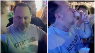 Notre Dame Fighting Irish basketball coach Mike Brey crushed drinks after coaching his final home game. (Credit: Screenshot/Twitter Video https://twitter.com/tbhorka/status/1631132696805007362 and https://twitter.com/tbhorka/status/1631134846037762049)