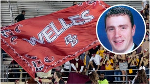 Boston College will honor Welles Crowther with special uniforms Saturday against Florida State. It's the "Red Bandana" game. (Credit: Getty Images and Public Domain https://en.wikipedia.org/wiki/Welles_Crowther#/media/File:Gallery.welles.headshot.jpg)