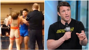 Former MMA star Chael Sonnen urges against banning youth wrestler who threw a punch for life. (Credit: Twitter Video/https://twitter.com/MrPatMineo/status/1646980265766518787 and Getty Images)