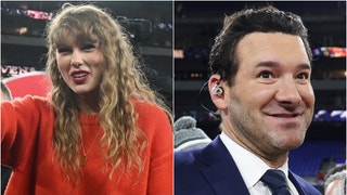 Taylor Swift and Tony Romo share heartfelt moment on the field after Chiefs/Ravens game. (Credit: Getty Images and USA Today Sports)