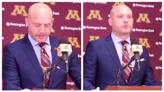 Minnesota head coach P.J. Fleck rants about Wisconsin's recruiting tactics. (Credit: Twitter Video Screenshot/https://twitter.com/4KaneRobVideo/status/1605620781580369925)